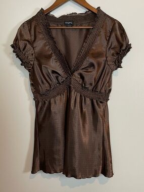 Y2K Satin Brown Polka Dot V-neck Baby Doll Eye Shadow Medium Blouse